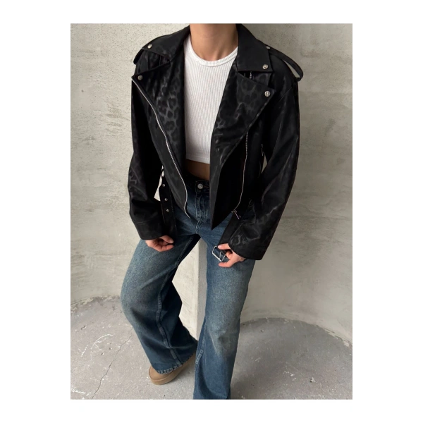 Oversıze Kemerli Deri Tarz Leopar Ceket