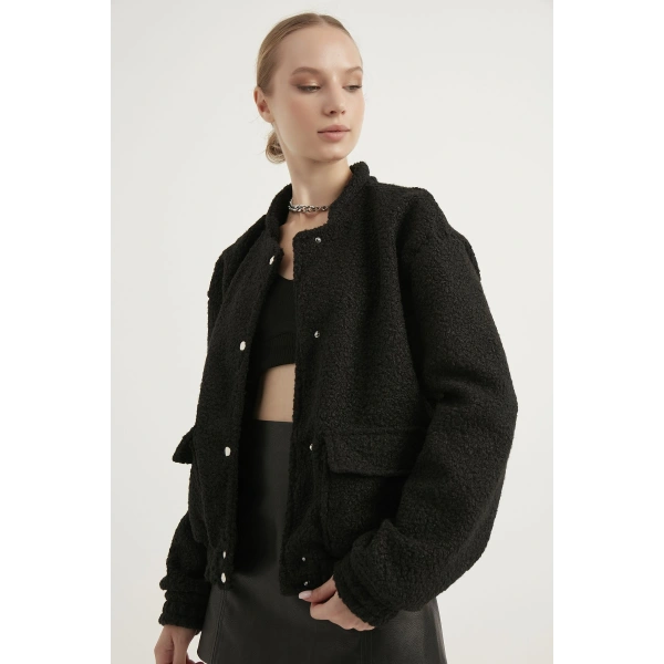 Kadın Siyah Astarlı Buklet Bomber Ceket