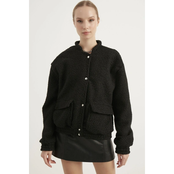 Kadın Siyah Astarlı Buklet Bomber Ceket