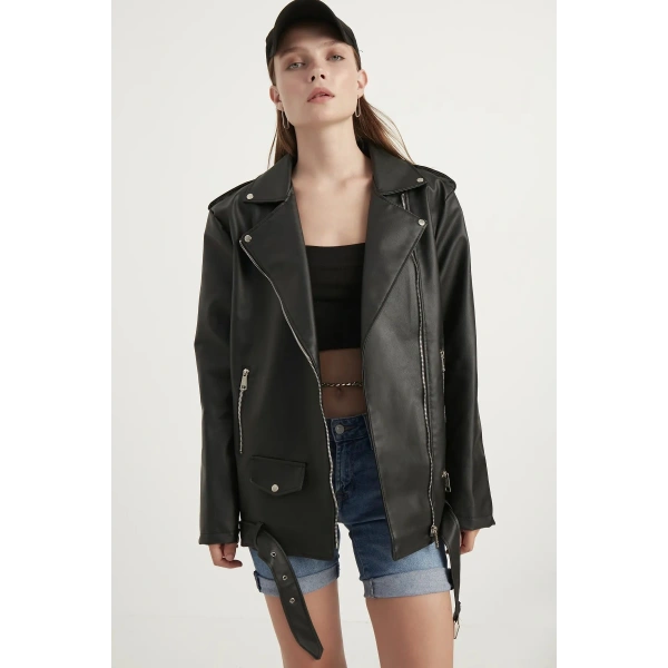 Kadın Oversize Biker Deri Ceket