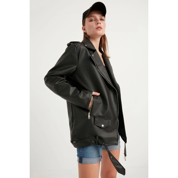 Kadın Oversize Biker Deri Ceket