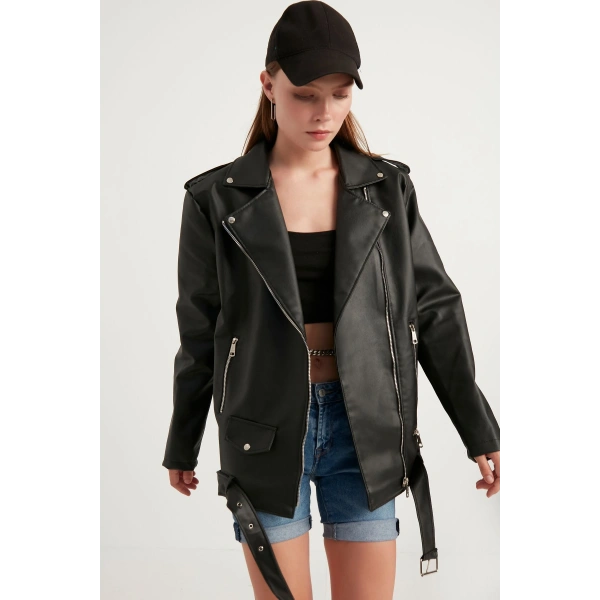 Kadın Oversize Biker Deri Ceket
