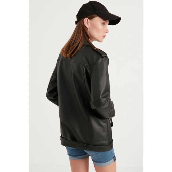 Kadın Oversize Biker Deri Ceket