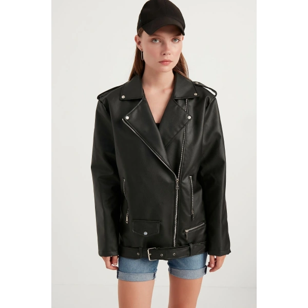 Kadın Oversize Biker Deri Ceket