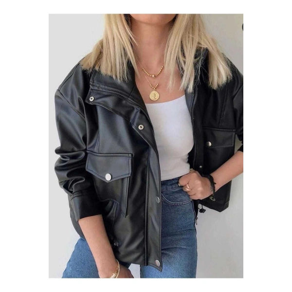 Yanlardan Büzgü Detaylı Deri Ceket - Oversize