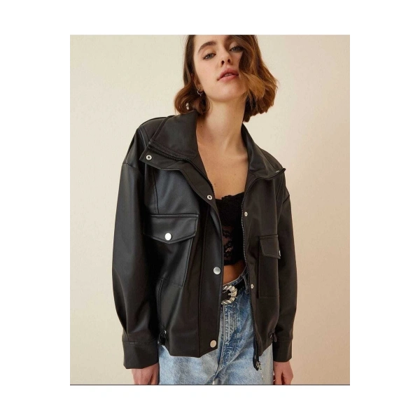 Yanlardan Büzgü Detaylı Deri Ceket - Oversize