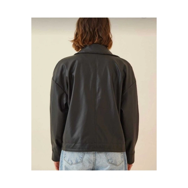 Yanlardan Büzgü Detaylı Deri Ceket - Oversize