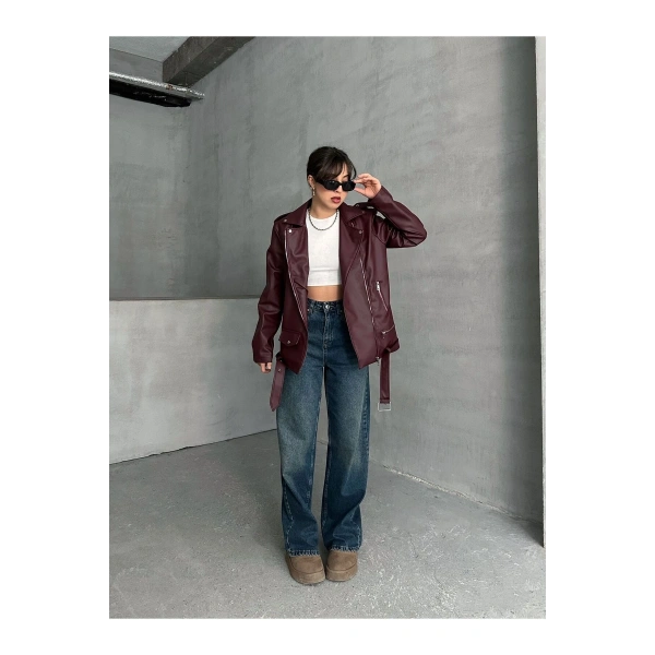 Kadın Oversize Biker Deri Ceket