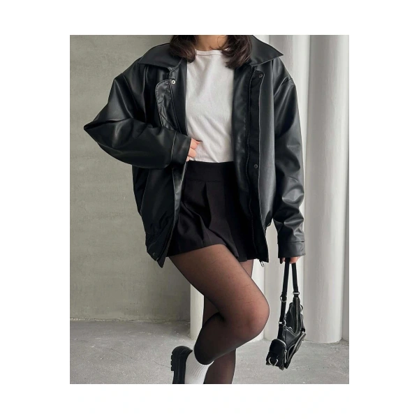 Unisex Oversize Vintage Siyah Deri Ceket