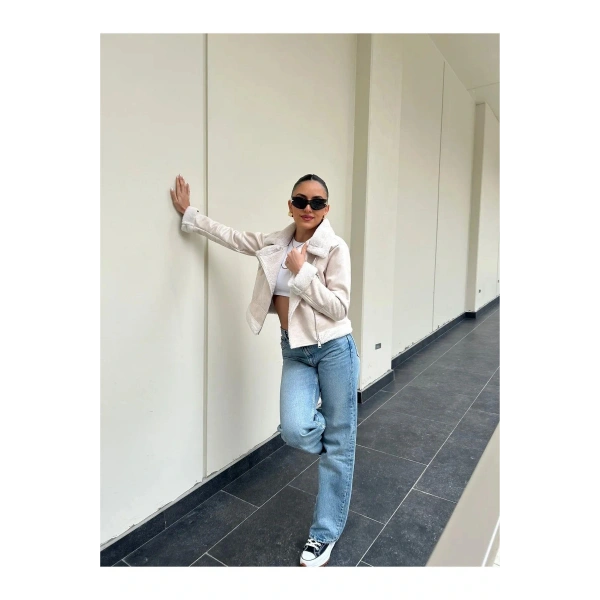 Kadın İçi Kürklü Biker Ceket