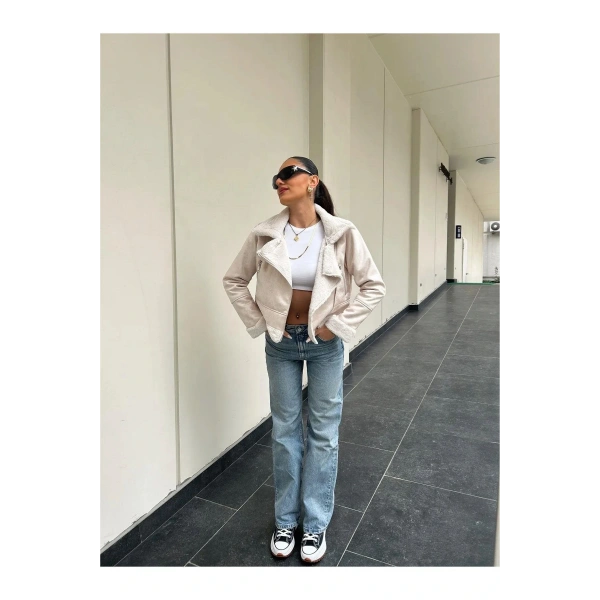 Kadın İçi Kürklü Biker Ceket