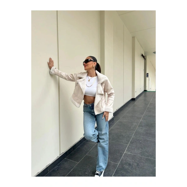 Kadın İçi Kürklü Biker Ceket