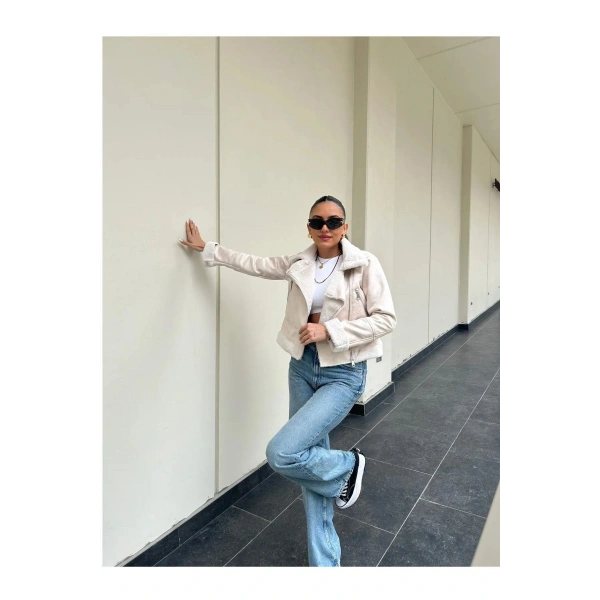 Kadın İçi Kürklü Biker Ceket