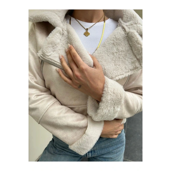 Kadın İçi Kürklü Biker Ceket