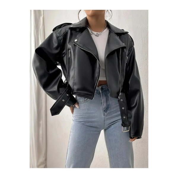 Siyah Oversıze Kemerli Deri Tarz Ceket