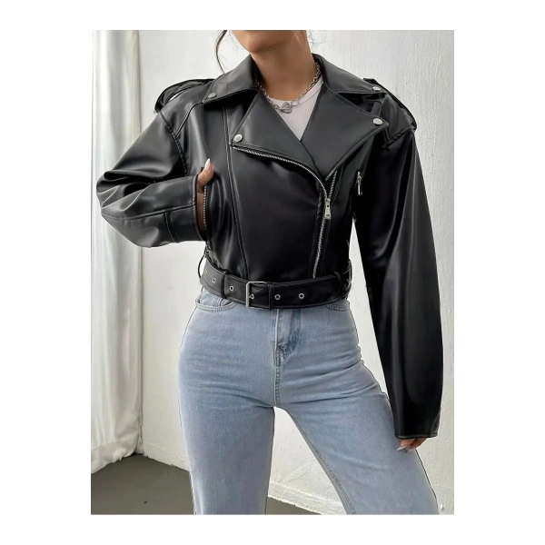 Siyah Oversıze Kemerli Deri Tarz Ceket