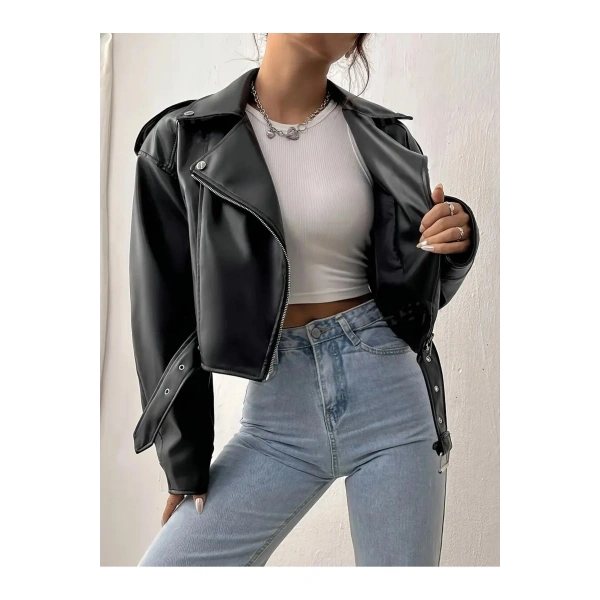 Siyah Oversıze Kemerli Deri Tarz Ceket
