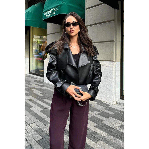 OVERSİZE SİYAH DERİ CEKET