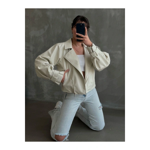 Suni Deri Geniş Kollu Bomber Ceket