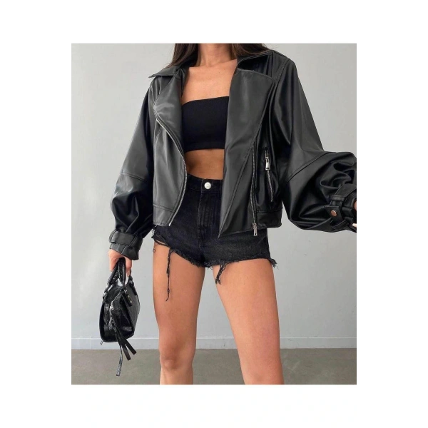 Suni Deri Geniş Kollu Bomber Ceket