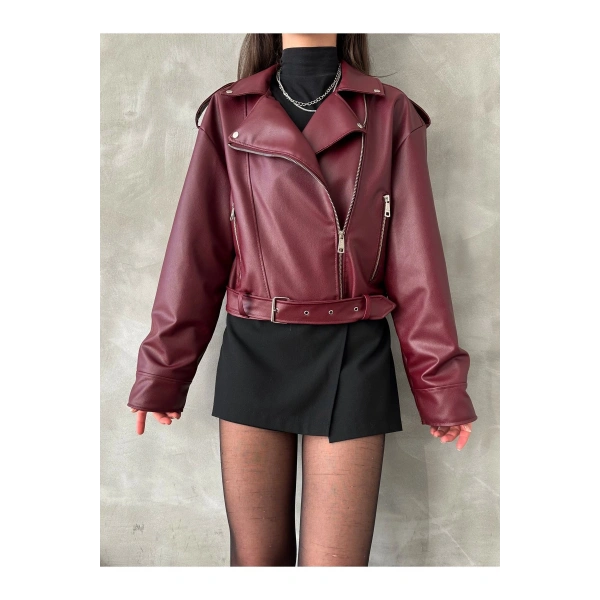 Oversıze Kemerli Deri Tarz Ceket