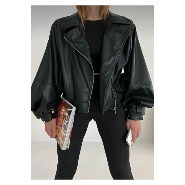 Balon Kol Siyah Deri Ceket