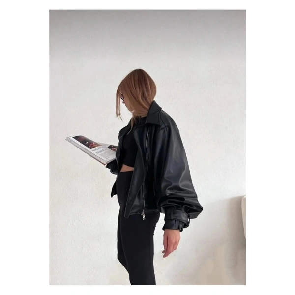 Balon Kol Siyah Deri Ceket