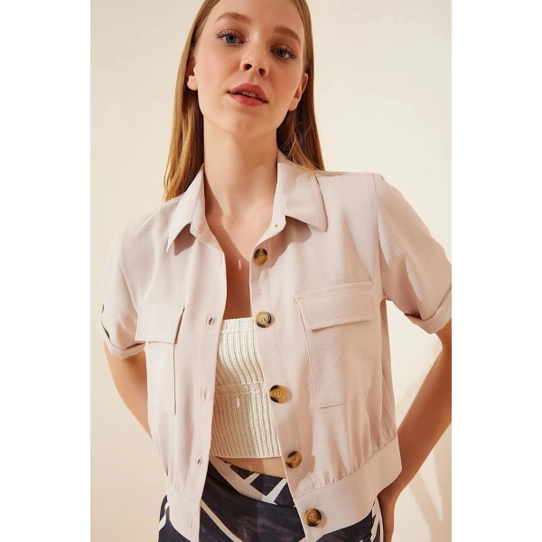 Kadın Krem Cepli Kısa Kollu Yazlık Keten Viskon Ceket