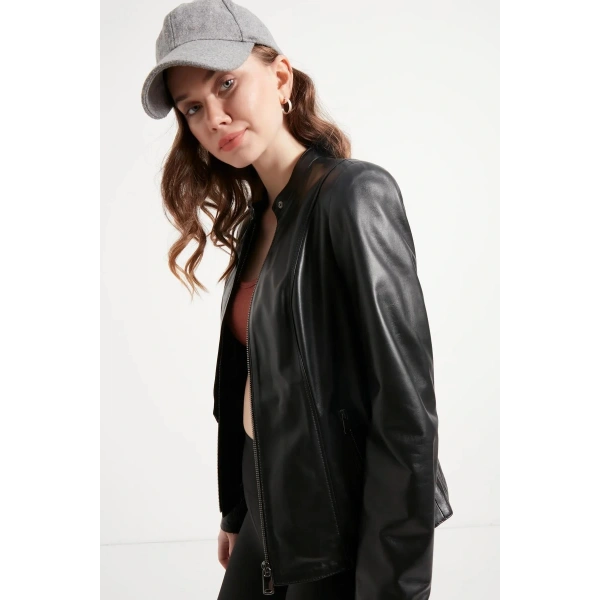 Kadın Siyah Yakasız Hakiki Deri Ceket