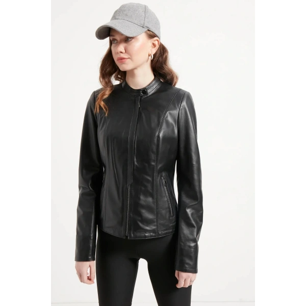 Kadın Siyah Yakasız Hakiki Deri Ceket