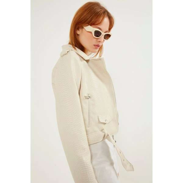 Kadın Yılan Derisi Detaylı Deri Ceket