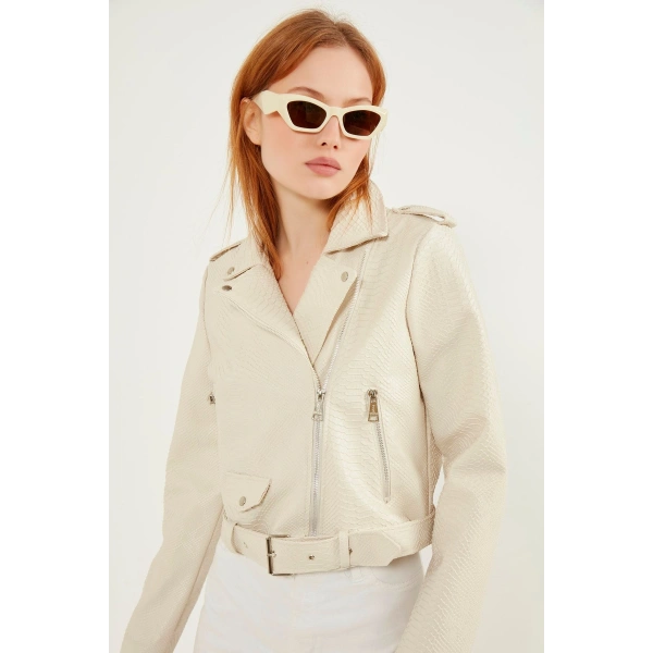 Kadın Yılan Derisi Detaylı Deri Ceket