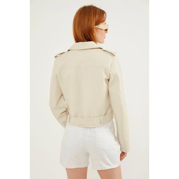 Kadın Yılan Derisi Detaylı Deri Ceket