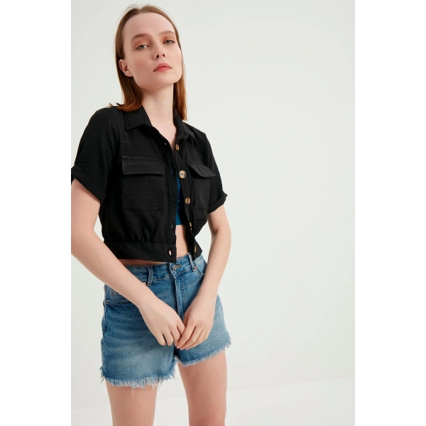 Kadın Siyah Cepli Kısa Kollu Yazlık Keten Viskon Ceket
