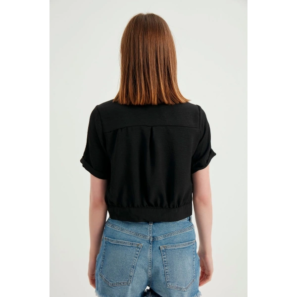 Kadın Siyah Cepli Kısa Kollu Yazlık Keten Viskon Ceket