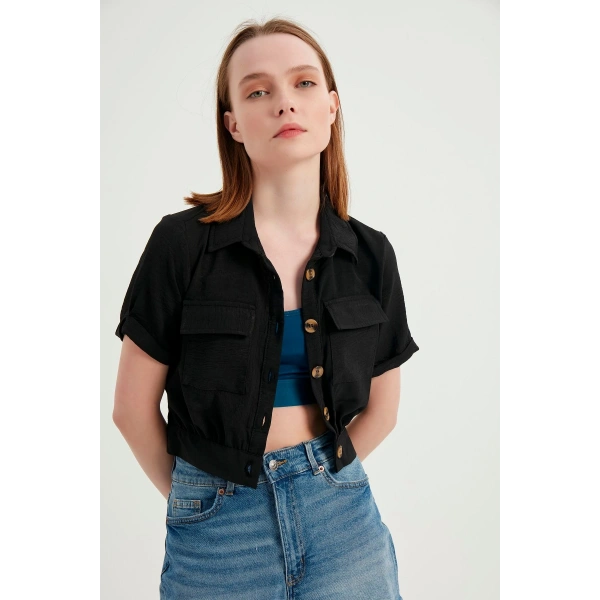 Kadın Siyah Cepli Kısa Kollu Yazlık Keten Viskon Ceket