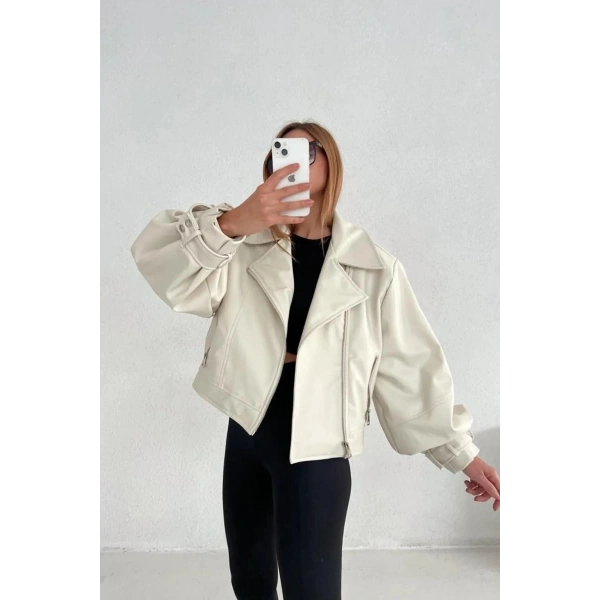 Kadın Krem Oversize Deri Ceket