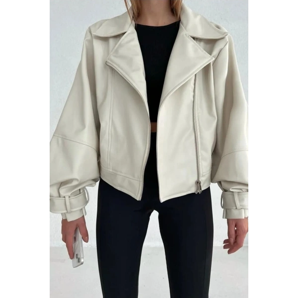 Kadın Krem Oversize Deri Ceket