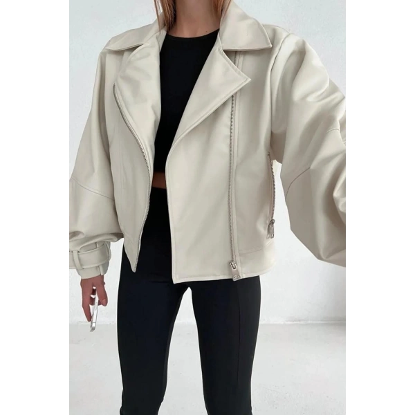 Kadın Krem Oversize Deri Ceket