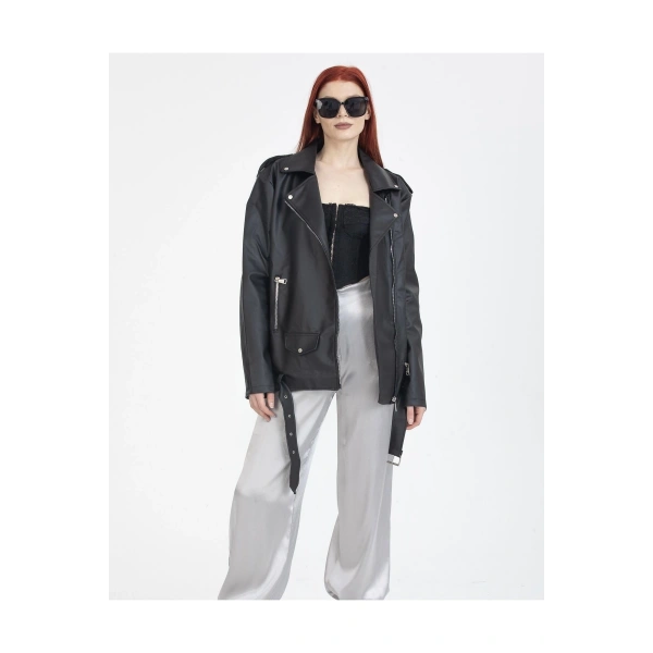 KADIN OVERSIZE TARZ UZUN DERİ CEKET