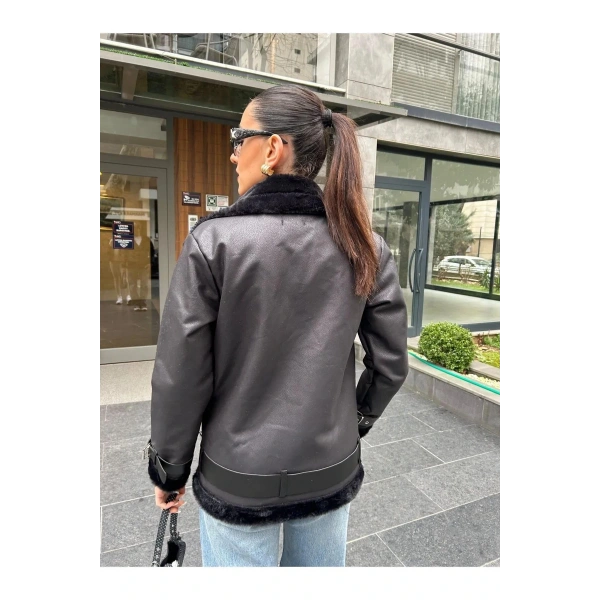 Kadın İçi Rapitli Kemer Detaylı Deri Süet Mont Ceket