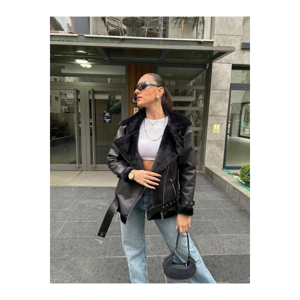 Kadın İçi Rapitli Kemer Detaylı Deri Süet Mont Ceket