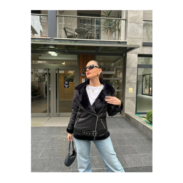 Kadın İçi Rapitli Kemer Detaylı Deri Süet Mont Ceket