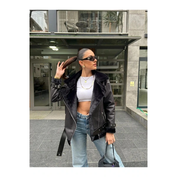 Kadın İçi Rapitli Kemer Detaylı Deri Süet Mont Ceket