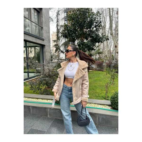 Kadın İçi Rapitli Kemer Detaylı Deri Süet Mont Ceket