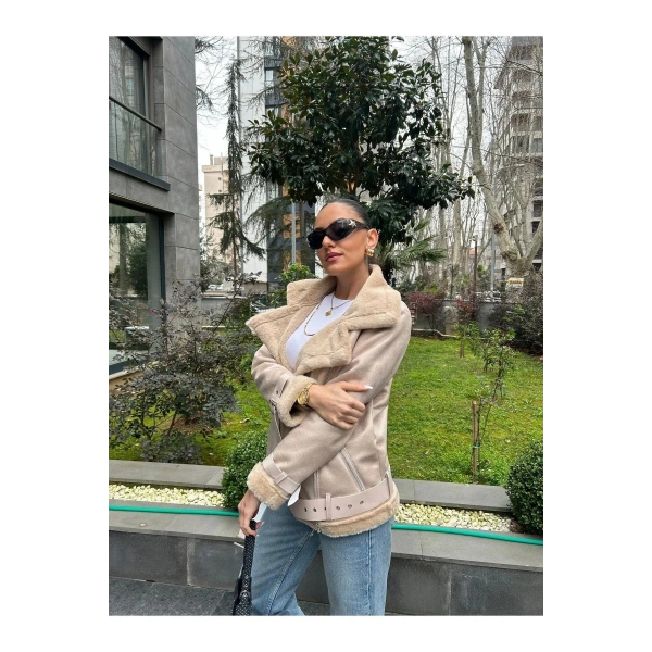 Kadın İçi Rapitli Kemer Detaylı Deri Süet Mont Ceket