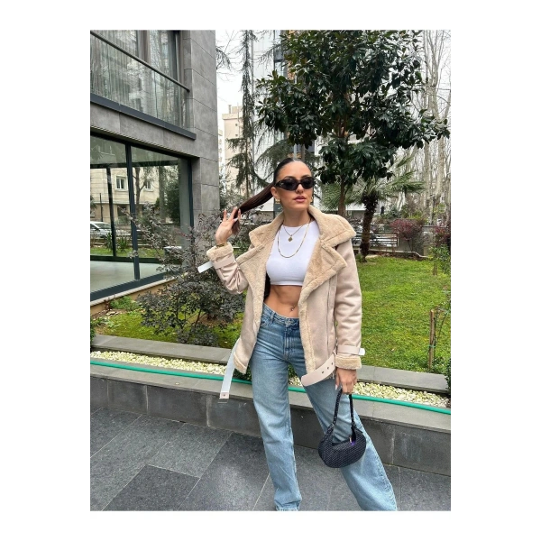 Kadın İçi Rapitli Kemer Detaylı Deri Süet Mont Ceket