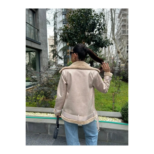 Kadın İçi Rapitli Kemer Detaylı Deri Süet Mont Ceket