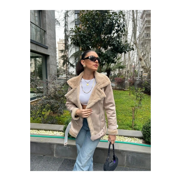 Kadın İçi Rapitli Kemer Detaylı Deri Süet Mont Ceket