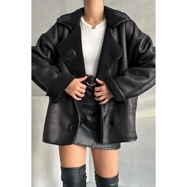 Dokulu Süet İçi Kürk Oversize Zr Mont